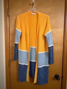 Open-Front Colorblock Knit Cardigan -Yellow & Blue size Small